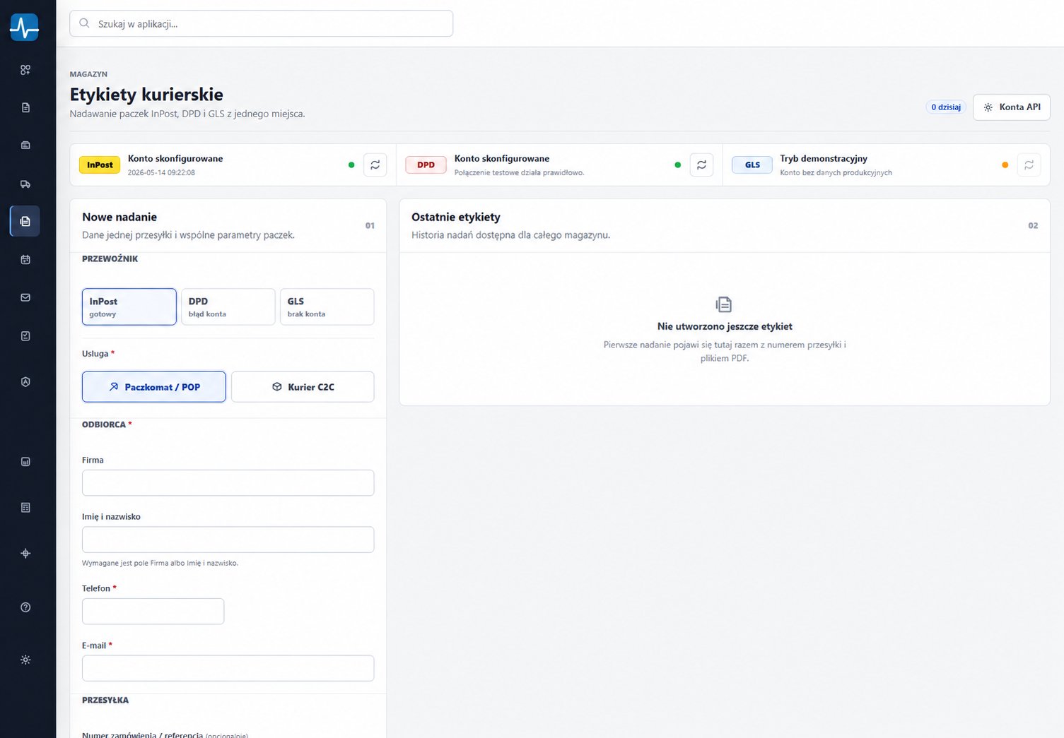 Firmowy HUB — tworzenie etykiet kurierskich