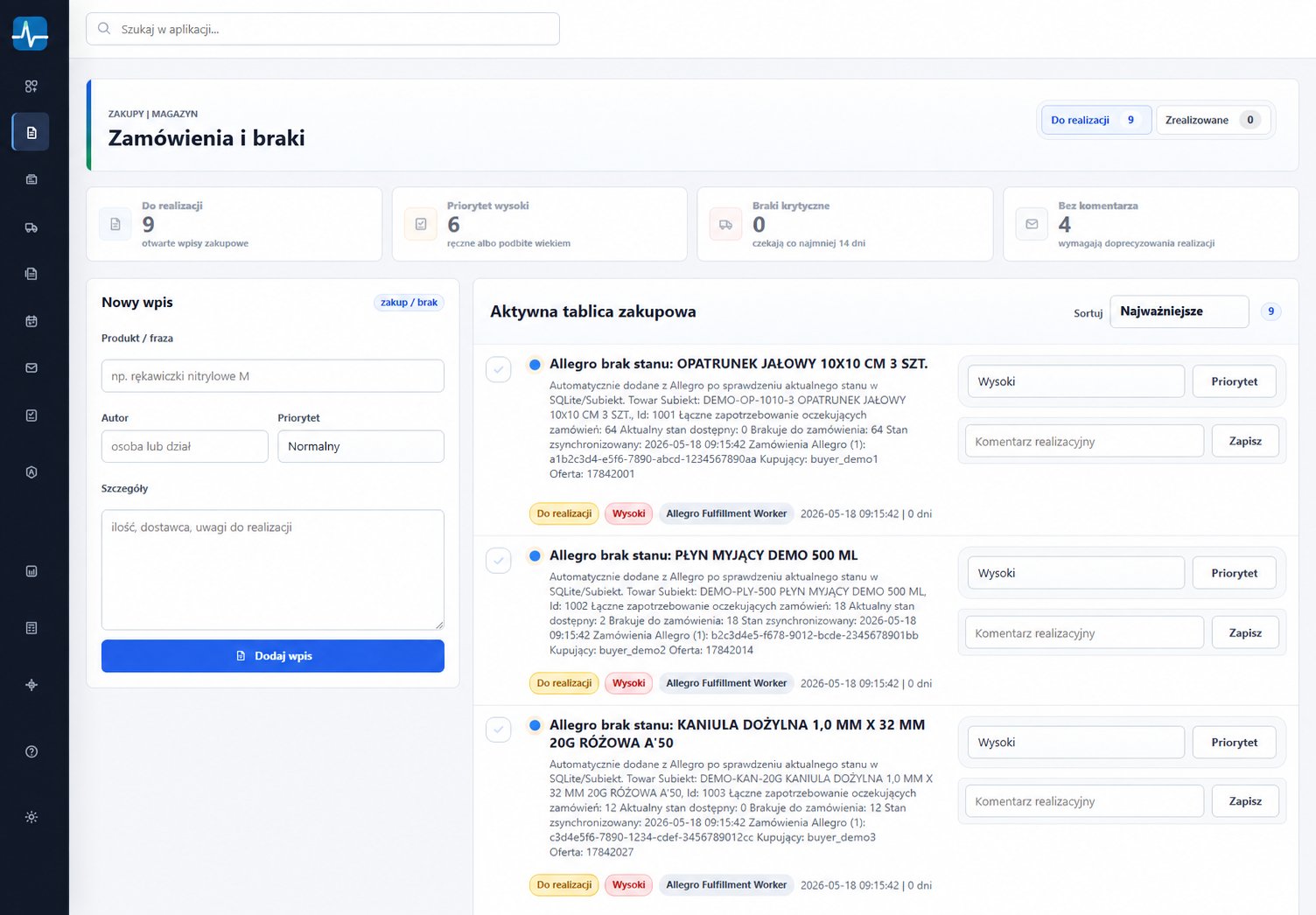 Firmowy HUB — zakupy i braki magazynowe